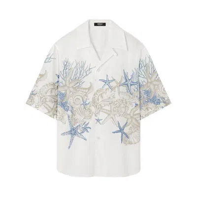 Versace Coral Print Cotton Short Sleeve Shirt In White