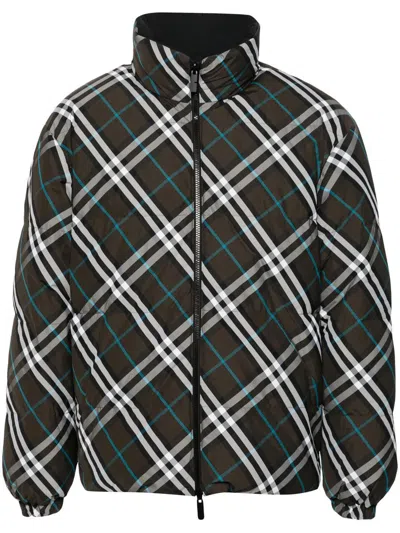Burberry Multicolorreversible Down Jacket With All-over Check Motiv In Tech Fabric Man In Black