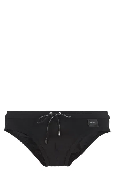 Dolce & Gabbana Black Swim Brief With Metallic Dg Logo In Stretch Polyamide Man In Black