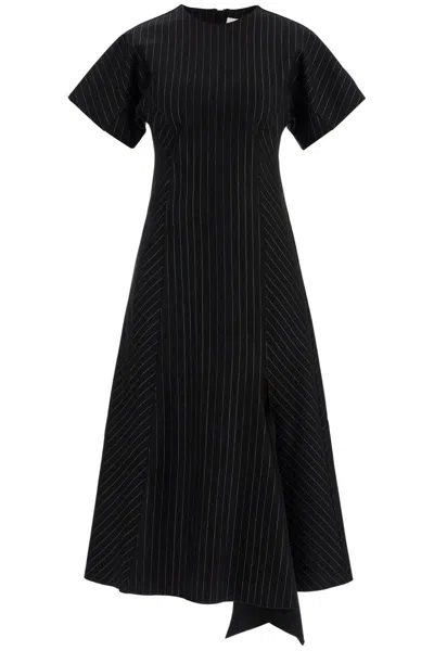 Ganni Pinstripe Asymmetric Midi Dress In Black