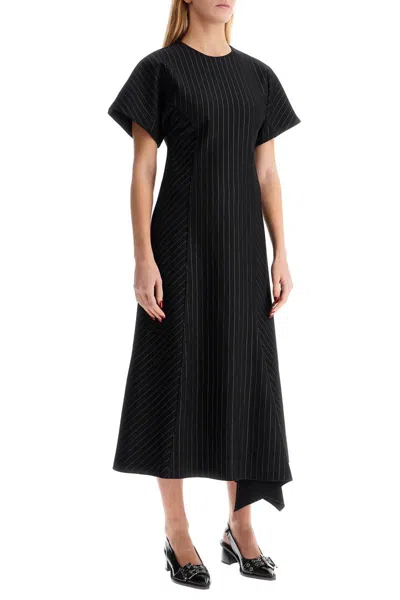 Ganni Pinstripe Asymmetric Midi Dress In Black