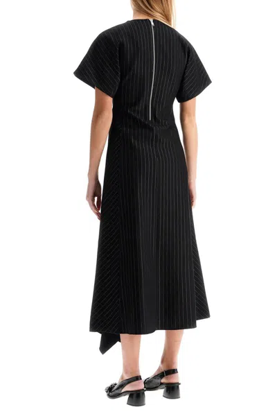 Ganni Pinstripe Asymmetric Midi Dress In Black