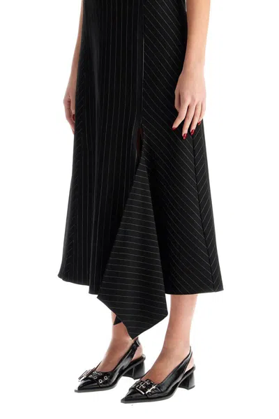 Ganni Pinstripe Asymmetric Midi Dress In Black