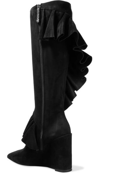Shop Jw Anderson Ruffled Suede Wedge Knee Boots