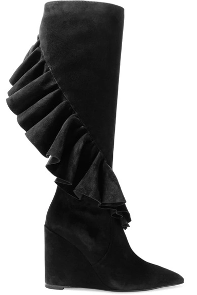 Shop Jw Anderson Ruffled Suede Wedge Knee Boots