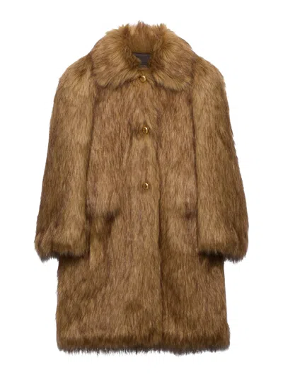 Prada Long-sleeved Coat In Nude & Neutrals