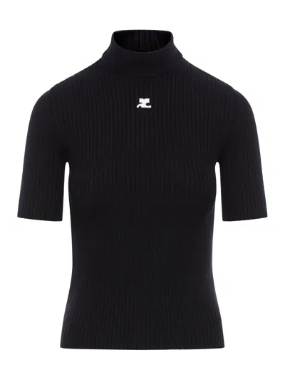 Courrèges Reedition Short Sleeves Rib Knit Sweater In Black
