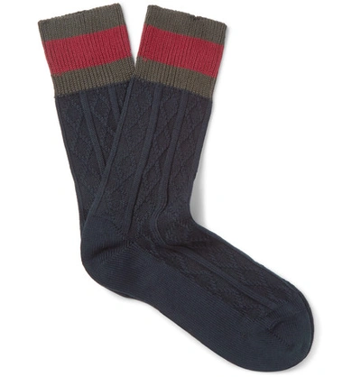 Gucci Stripe-trimmed Cable-knit Stretch Wool-blend Socks In Navy