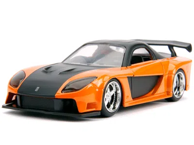 Diecast Model Jada Han's Mazda Rx-7 Orange Metallic And Matt Black And Toyota Gr Supra Orange Metallic With Black Hood