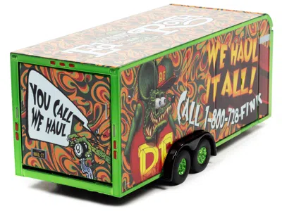 Diecast Model Autoworld 4-wheel Enclosed Car Trailer Green With Graphics "rat Fink: We Haul It All!" 1/64 Diecast Model By A