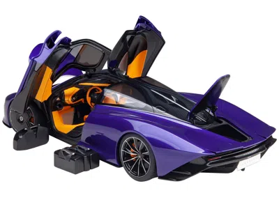 Diecast Model Autoart Mclaren Speedtail Lantana Purple Metallic With Black Top And Yellow Interior And Suitcase Accessorie