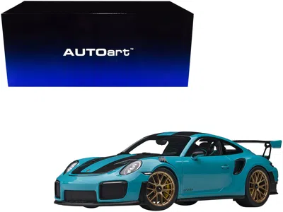 Diecast Model Autoart Porsche 911 (991.2) Gt2 Rs Weissach Package Miami Blue With Carbon Stripes 1/18 Model Car By Autoart