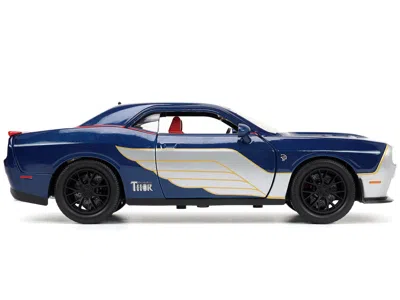 Diecast Model Jada 2015 Dodge Challenger Srt Hellcat Dark Blue With Graphics And Red Interior And Thor Diecast Figure "