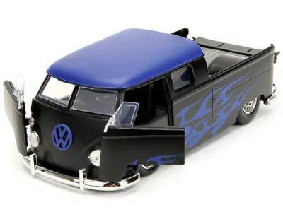 Diecast Model Jada 1963 Volkswagen Bus Pickup Truck Matt Black With Matt Blue Top And Flames Graphics "punch Buggy" Ser