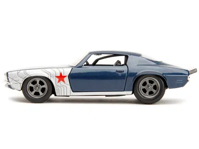 Diecast Model Jada 1973 Chevrolet Camaro Dark Blue Metallic With Gray Stripes And Winter Soldier Diecast Figure "marvel
