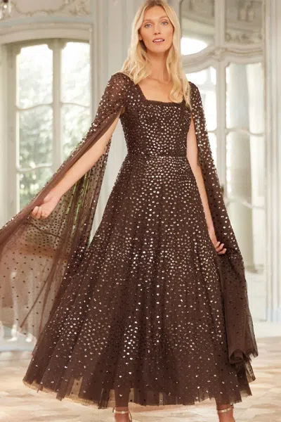 Needle & Thread Scatter Dot Cape Sleeve Midi Gown In Brown