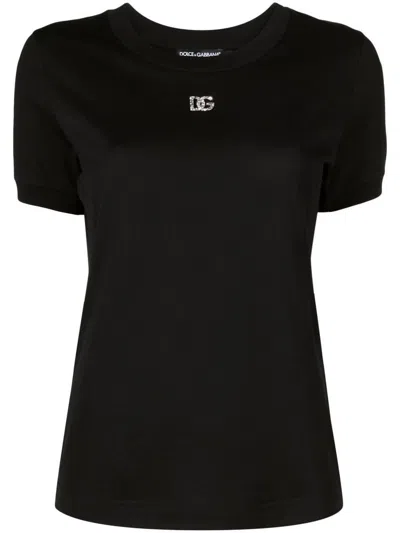 Dolce & Gabbana Black T-shirt With Logo Decorated With Crystals On The Front In Cotton Woman In Black