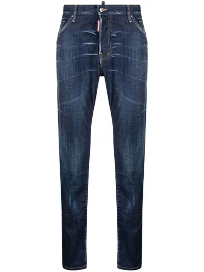 Dsquared2 Five Pocket Stretch Denim Trousers With Localized Wear Washing In Blue