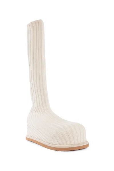 Amina Muaddi Ribbed Texture Flat Sole Sock-like Boots In Beige