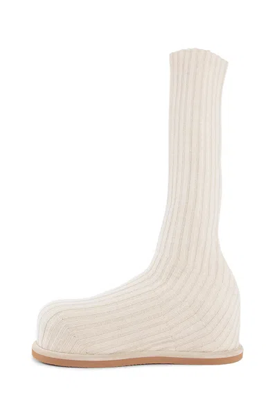 Amina Muaddi Ribbed Texture Flat Sole Sock-like Boots In Beige