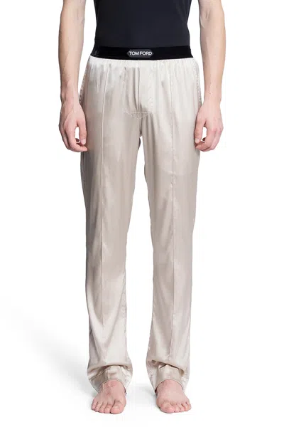 Tom Ford Logo-waistband Satin-finish Trousers In Beige