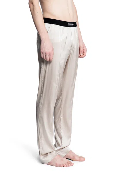Tom Ford Logo-waistband Satin-finish Trousers In Beige