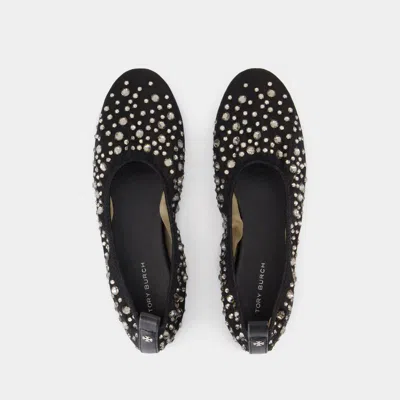 Tory Burch Black Ballet Flats With All-over Crystals Application In Tech Fabric Woman In Black