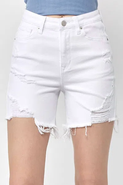 Risen Denim High-waisted Distressed Raw Hem Shorts In White In White