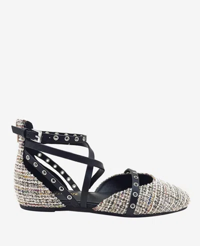Kenneth Cole Mason Tweed Strappy Stud Flat In Black,tan Fabric