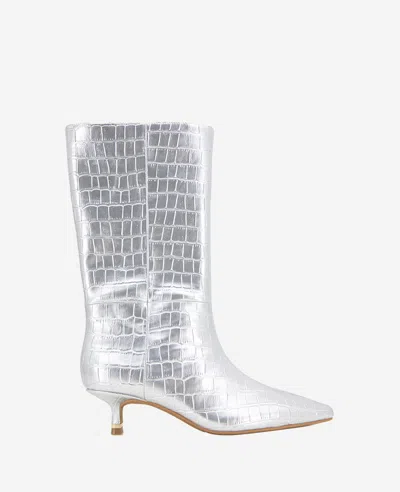 Kenneth Cole Meryl Pointed Toe Kitten Heel Boot In Silver Croco