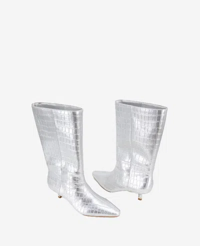 Kenneth Cole Meryl Pointed Toe Kitten Heel Boot In Silver Croco