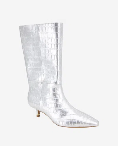 Kenneth Cole Meryl Pointed Toe Kitten Heel Boot In Silver Croco