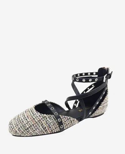 Kenneth Cole Mason Tweed Strappy Stud Flat In Black,tan Fabric