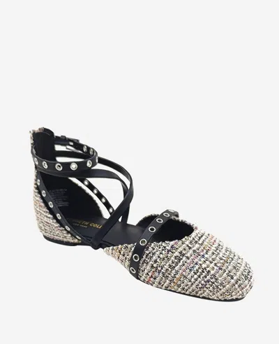 Kenneth Cole Mason Tweed Strappy Stud Flat In Black,tan Fabric