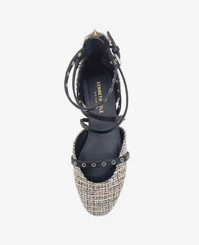 Kenneth Cole Mason Tweed Strappy Stud Flat In Black,tan Fabric