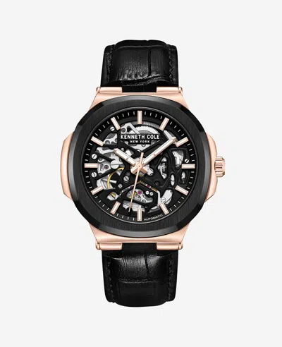 Kenneth Cole New York Automatic Leather Strap Watch In Black
