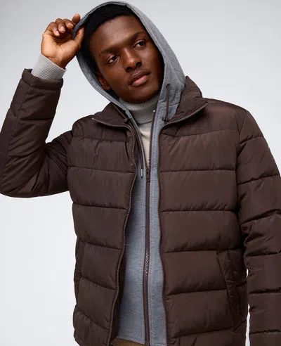 Kenneth Cole Puffer With Attached Jersey Hood In Chocolate