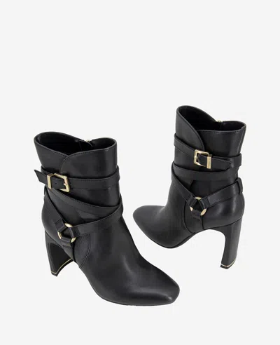 Kenneth Cole Nellie Leather Buckle Heel Ankle Bootie In Black Leather