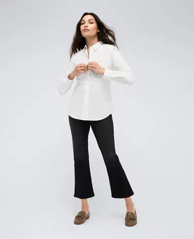 Kenneth Cole Womens Satin Striped Cropped Boyfriend Shirt High Rise Barrel Leg Denim Jeans In Pure White