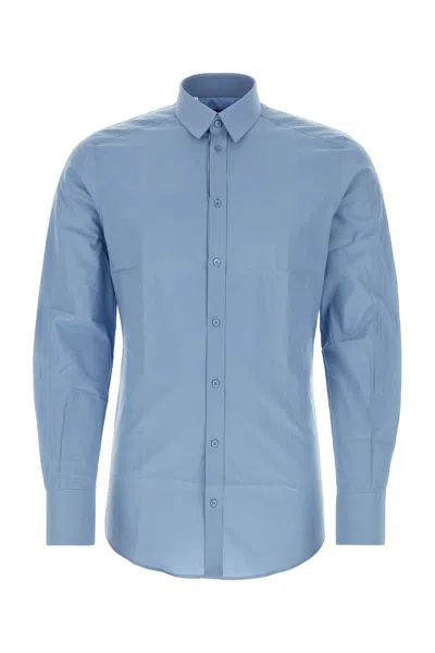 Dolce & Gabbana Long-sleeved Stretch Cotton Shirt In Blue