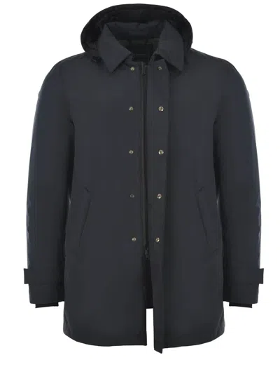 Herno Hooded Carcoat With Adjustable Cuffs And Back Vent In Blue