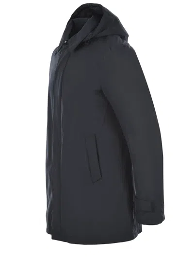Herno Hooded Carcoat With Adjustable Cuffs And Back Vent In Blue
