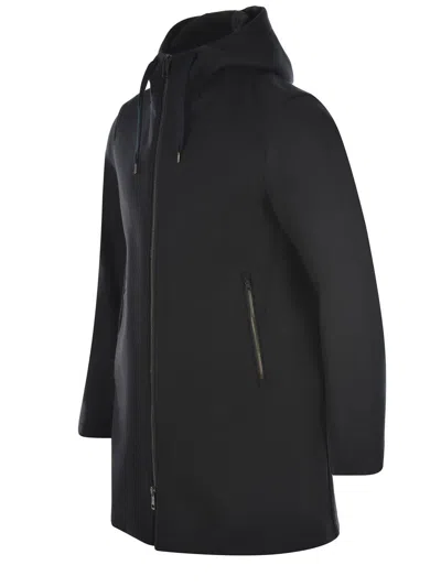 Herno Long Scuba Jacket With Hood And Side Zip Pockets In Blue