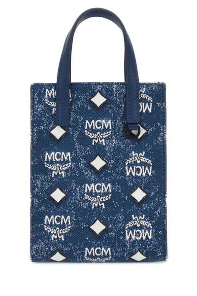 Mcm Glitter Finish Canvas Handbag With Detachable Tag In Blue