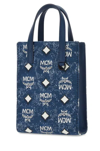 Mcm Glitter Finish Canvas Handbag With Detachable Tag In Blue