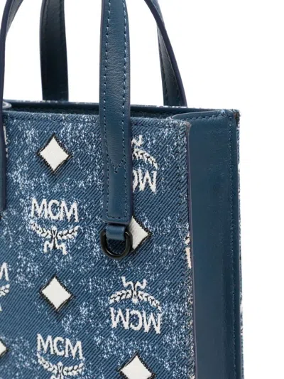 Mcm Glitter Finish Canvas Handbag With Detachable Tag In Blue