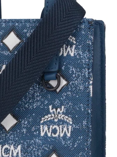 Mcm Glitter Finish Canvas Handbag With Detachable Tag In Blue