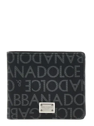 Dolce & Gabbana Coated Canvas Wallet With With All-over Logo In Black