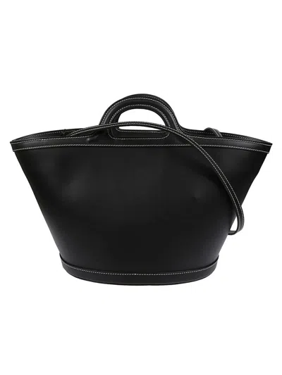 Marni Women Black Leather And Raffia Small Tropicalia Summer Handbag In Black