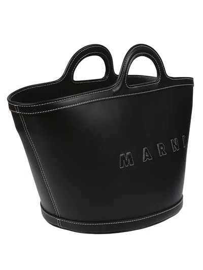 Marni Women Black Leather And Raffia Small Tropicalia Summer Handbag In Black